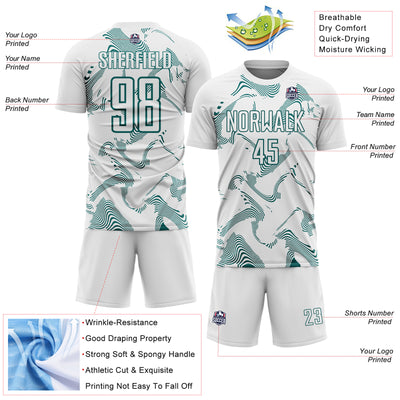 Custom White Teal Curve Lines Sports Sublimation Soccer Uniform Jersey