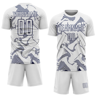 Custom White Navy Curve Lines Sports Sublimation Soccer Uniform Jersey