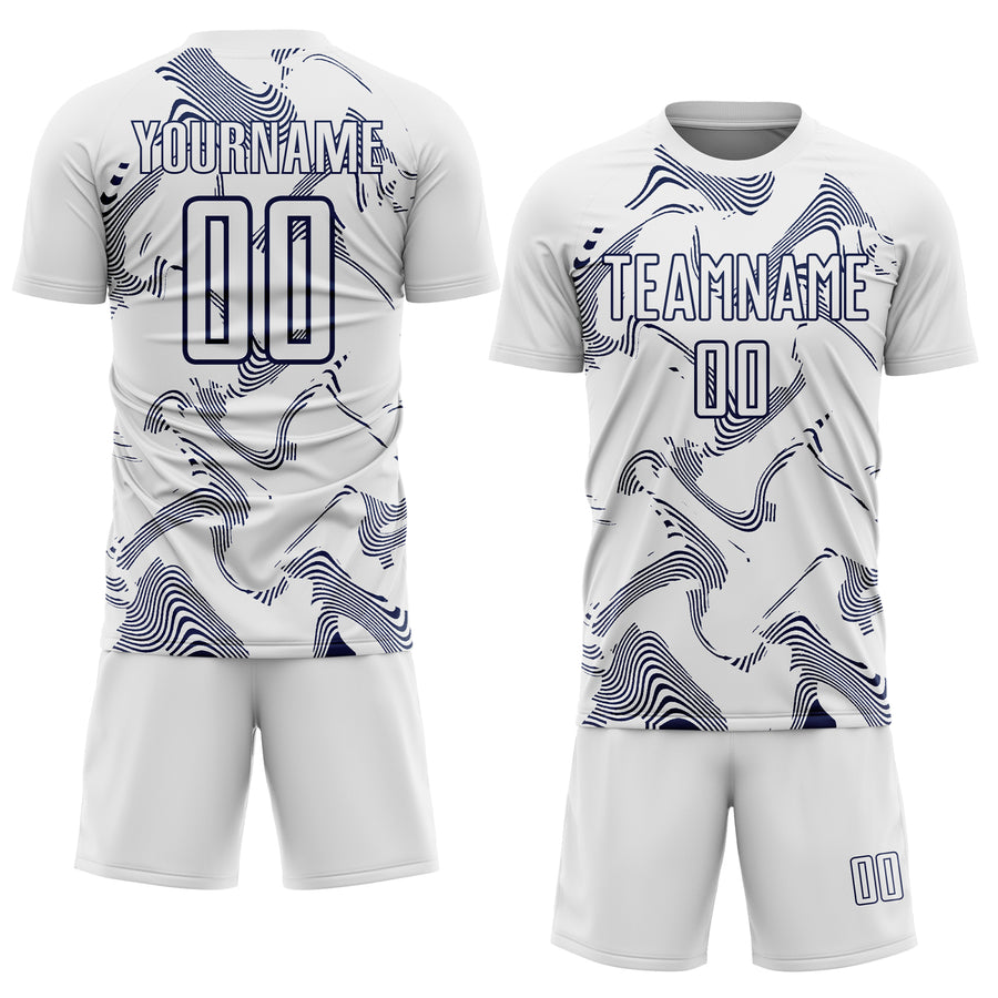 Custom White Navy Curve Lines Sports Sublimation Soccer Uniform Jersey