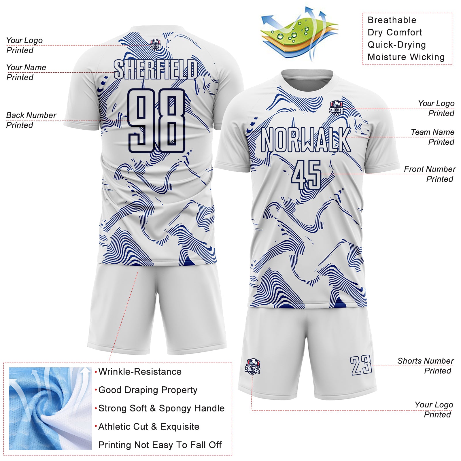 Custom White Navy Curve Lines Sports Sublimation Soccer Uniform Jersey