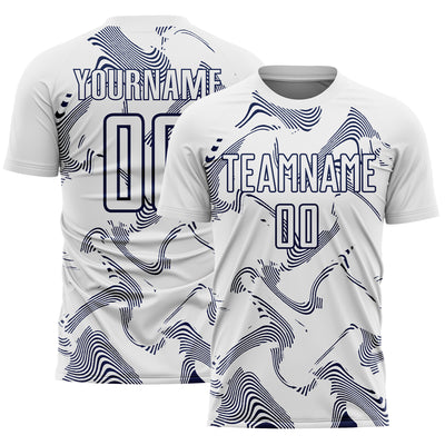 Custom White Navy Curve Lines Sports Sublimation Soccer Uniform Jersey