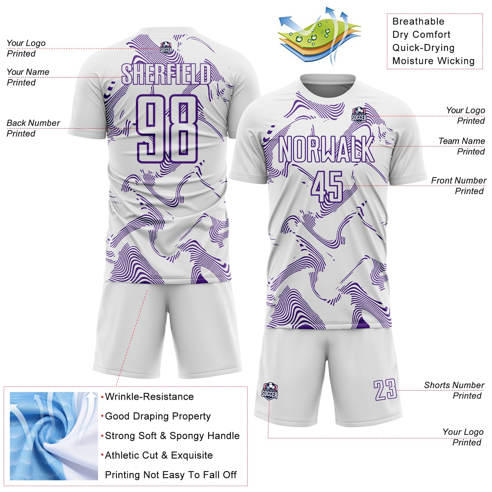Custom White Purple Curve Lines Sports Sublimation Soccer Uniform Jersey