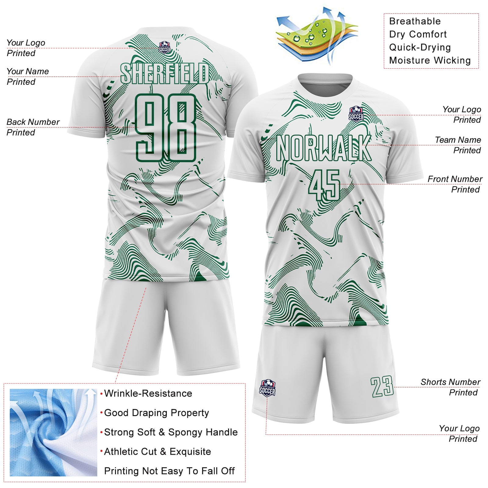 Custom White Kelly Green Curve Lines Sports Sublimation Soccer Uniform Jersey
