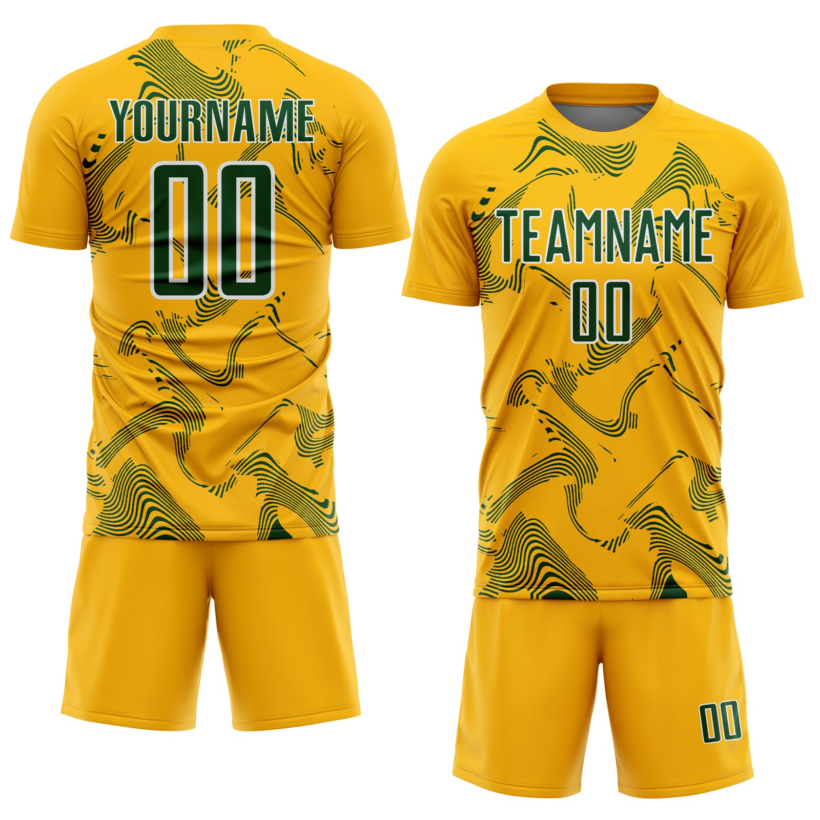 Custom Gold Green-White Curve Lines Sports Sublimation Soccer Uniform Jersey