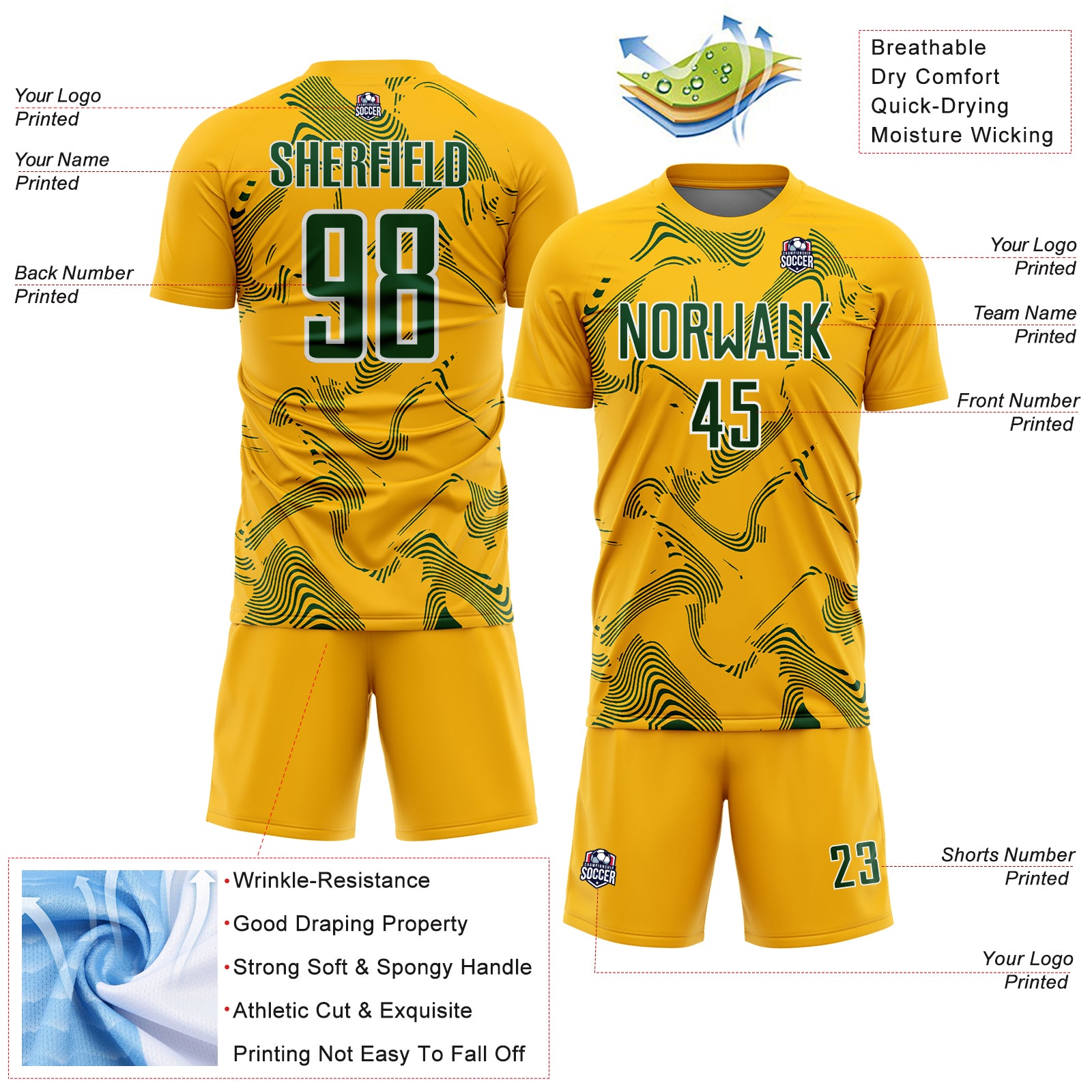 Custom Gold Green-White Curve Lines Sports Sublimation Soccer Uniform Jersey