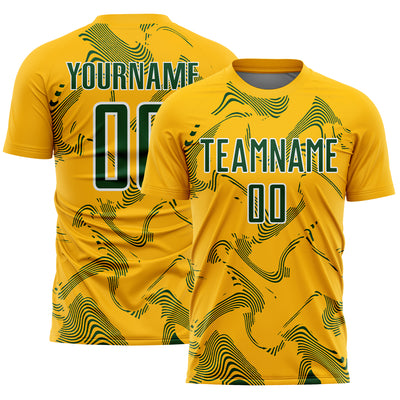 Custom Gold Green-White Curve Lines Sports Sublimation Soccer Uniform Jersey
