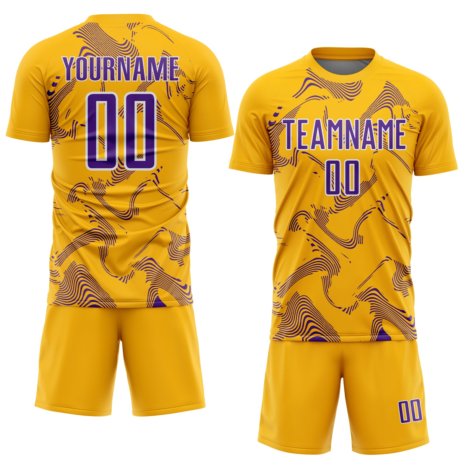 Custom Gold Purple-White Curve Lines Sports Sublimation Soccer Uniform Jersey
