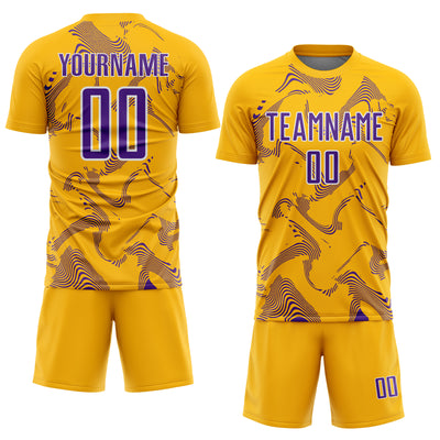 Custom Gold Purple-White Curve Lines Sports Sublimation Soccer Uniform Jersey