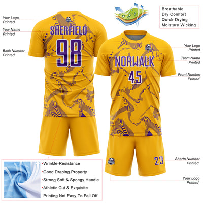 Custom Gold Purple-White Curve Lines Sports Sublimation Soccer Uniform Jersey