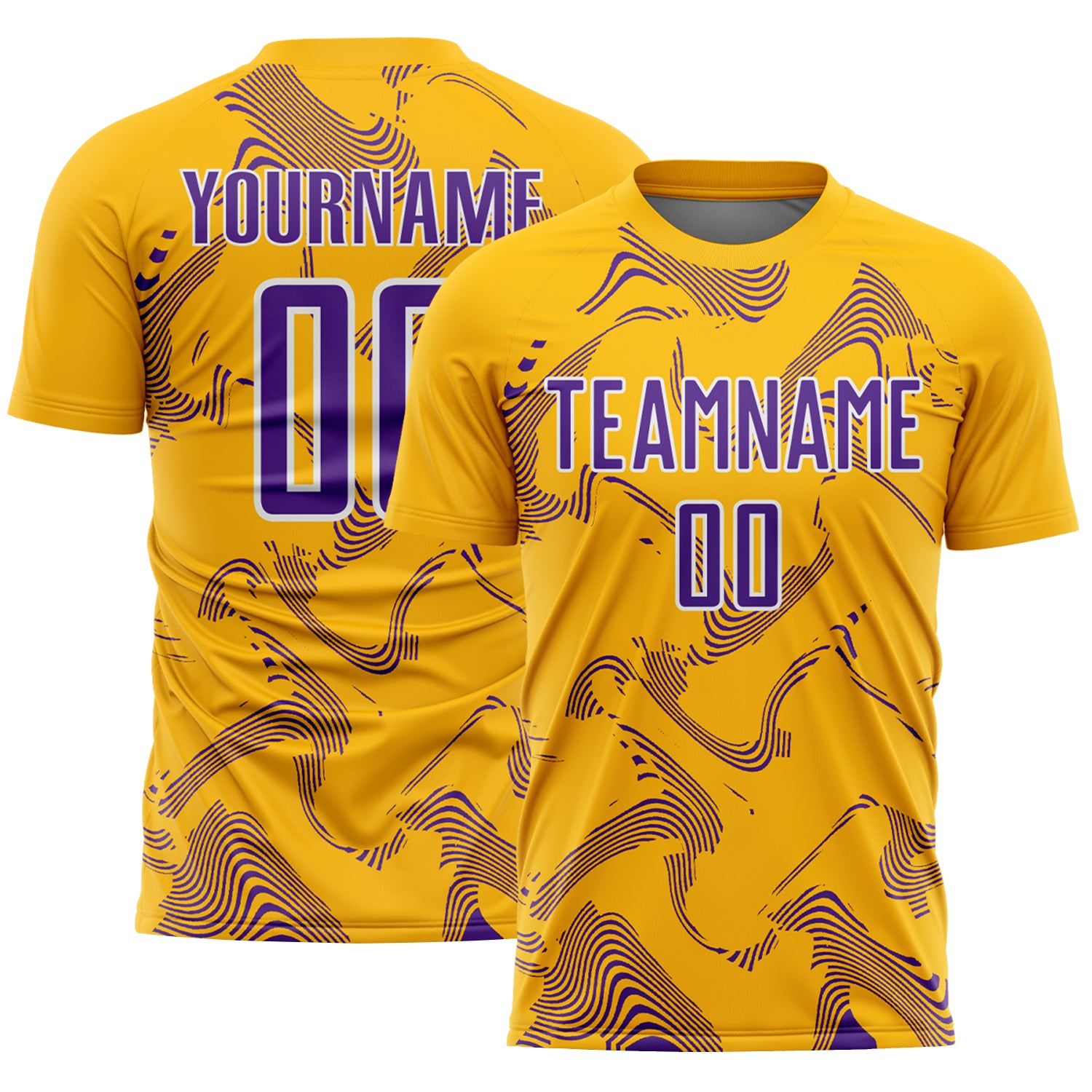 Custom Gold Purple-White Curve Lines Sports Sublimation Soccer Uniform Jersey