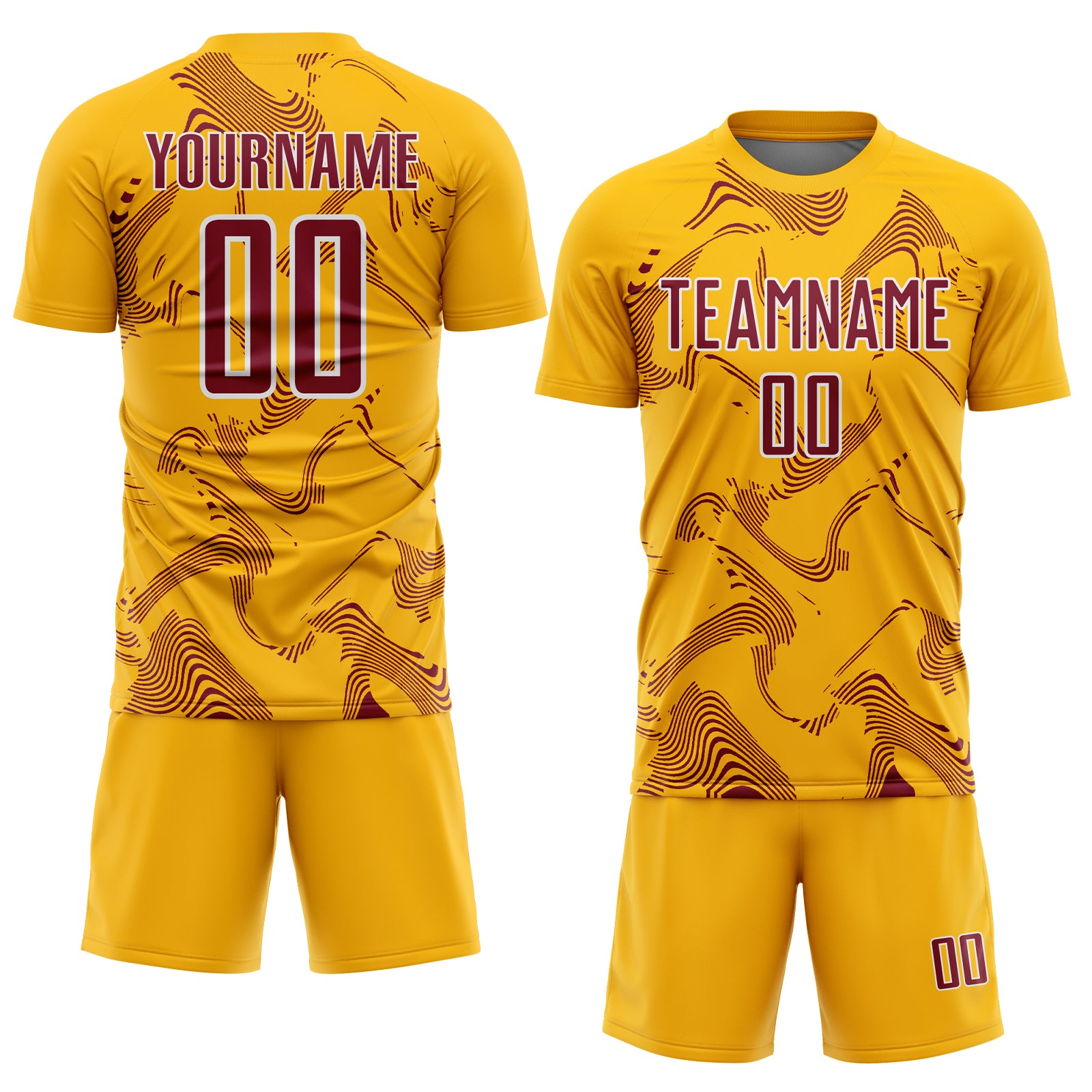 Custom Gold Crimson-White Curve Lines Sports Sublimation Soccer Uniform Jersey