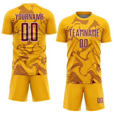 Custom Gold Crimson-White Curve Lines Sports Sublimation Soccer Uniform Jersey