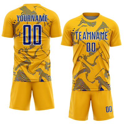 Custom Gold Royal-White Curve Lines Sports Sublimation Soccer Uniform Jersey