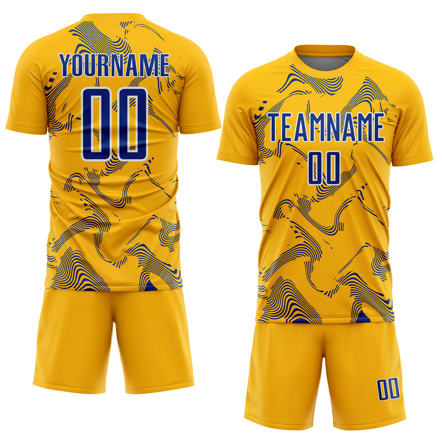 Custom Gold Royal-White Curve Lines Sports Sublimation Soccer Uniform Jersey