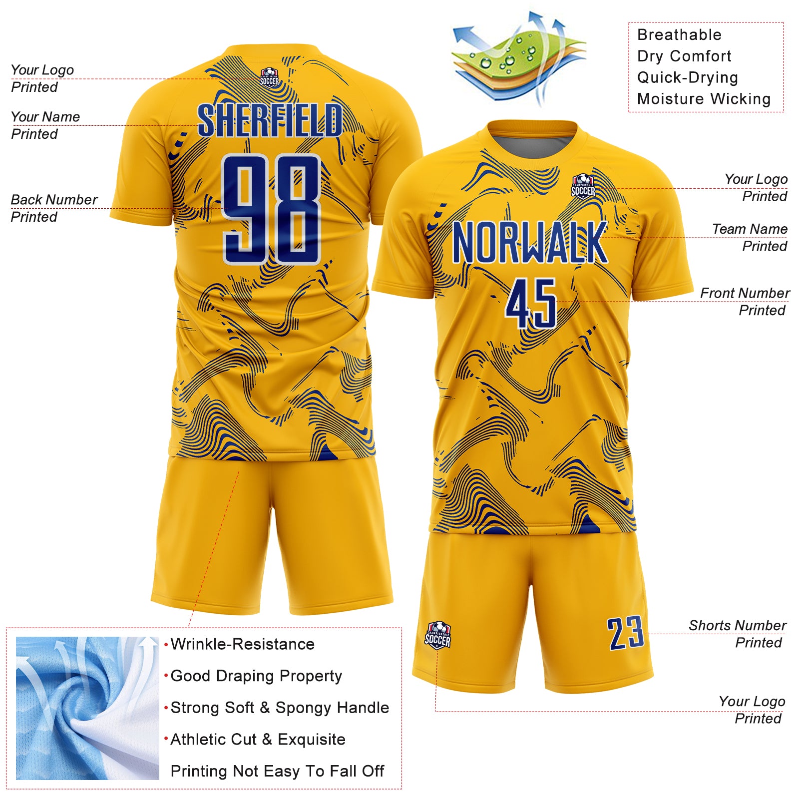Custom Gold Royal-White Curve Lines Sports Sublimation Soccer Uniform Jersey