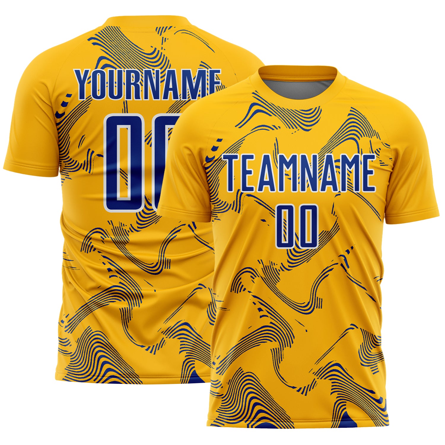 Custom Gold Royal-White Curve Lines Sports Sublimation Soccer Uniform Jersey