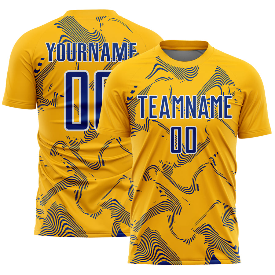 Custom Gold Royal-White Curve Lines Sports Sublimation Soccer Uniform Jersey
