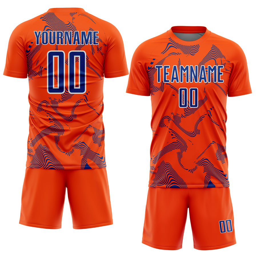 Custom Orange Royal-White Curve Lines Sports Sublimation Soccer Uniform Jersey