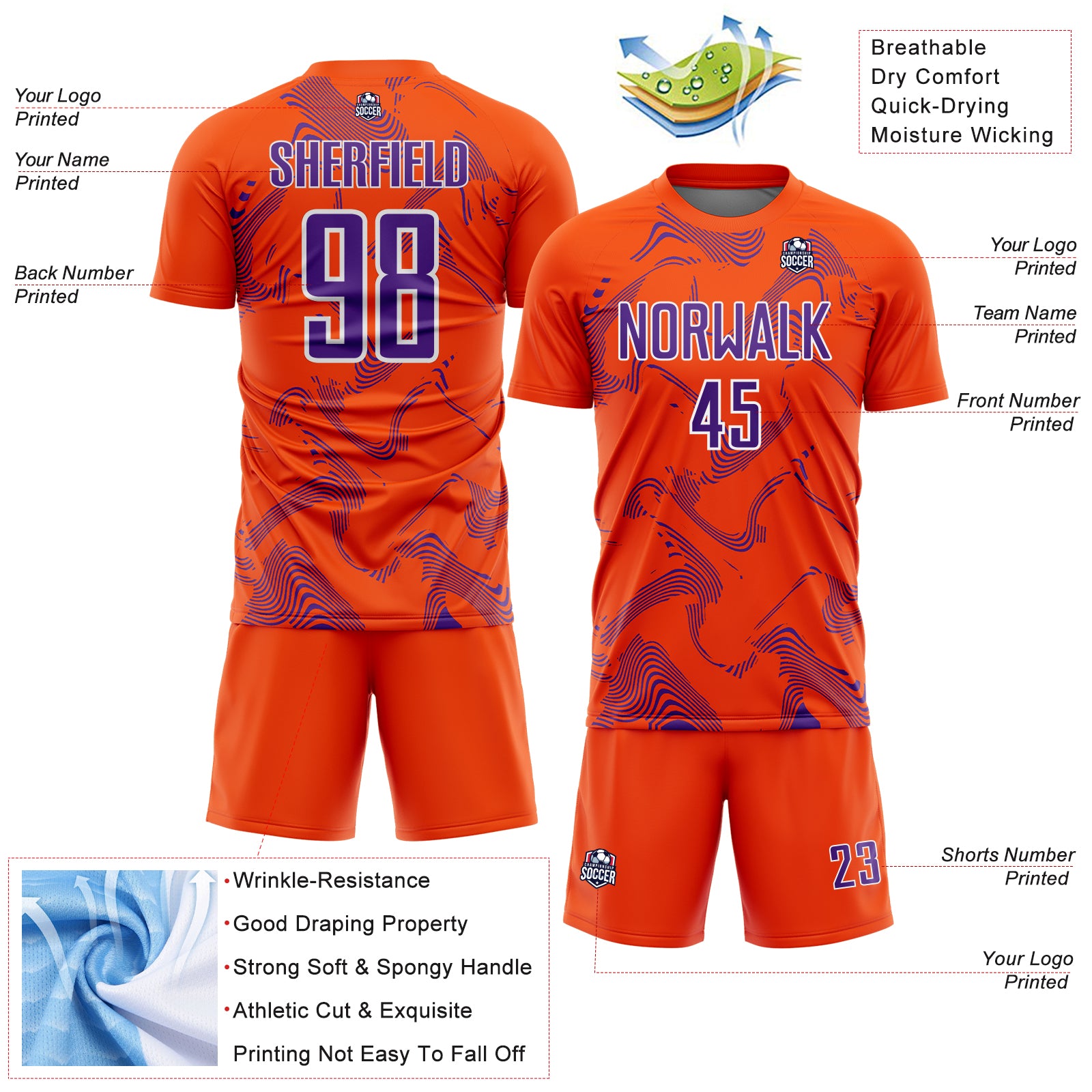 Custom Orange Purple-White Curve Lines Sports Sublimation Soccer Uniform Jersey