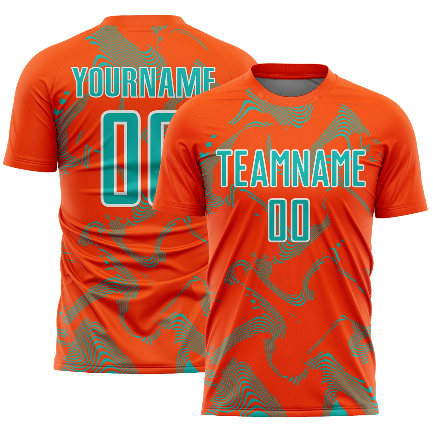 Custom Orange Aqua-White Curve Lines Sports Sublimation Soccer Uniform Jersey