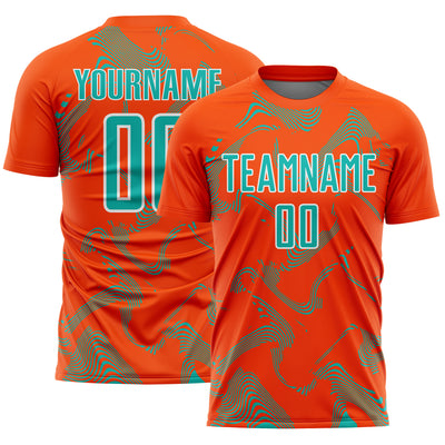 Custom Orange Aqua-White Curve Lines Sports Sublimation Soccer Uniform Jersey