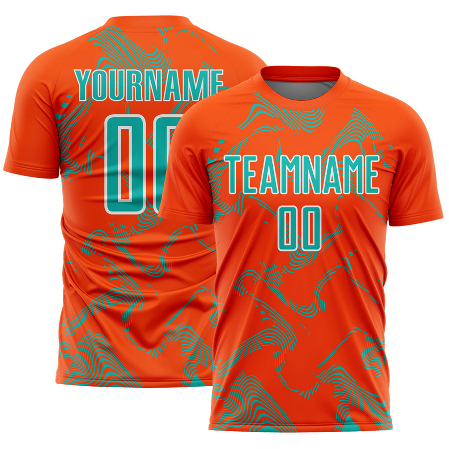 Custom Orange Aqua-White Curve Lines Sports Sublimation Soccer Uniform Jersey