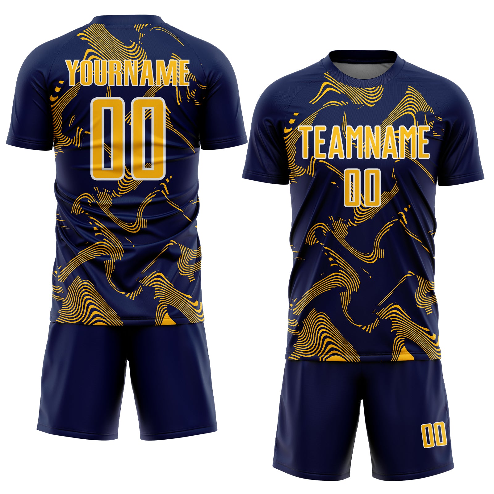 Custom Navy Gold-White Curve Lines Sports Sublimation Soccer Uniform Jersey
