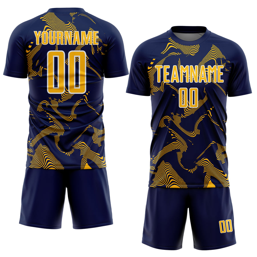 Custom Navy Gold-White Curve Lines Sports Sublimation Soccer Uniform Jersey