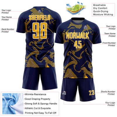 Custom Navy Gold-White Curve Lines Sports Sublimation Soccer Uniform Jersey