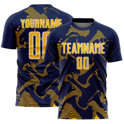 Custom Navy Gold-White Curve Lines Sports Sublimation Soccer Uniform Jersey