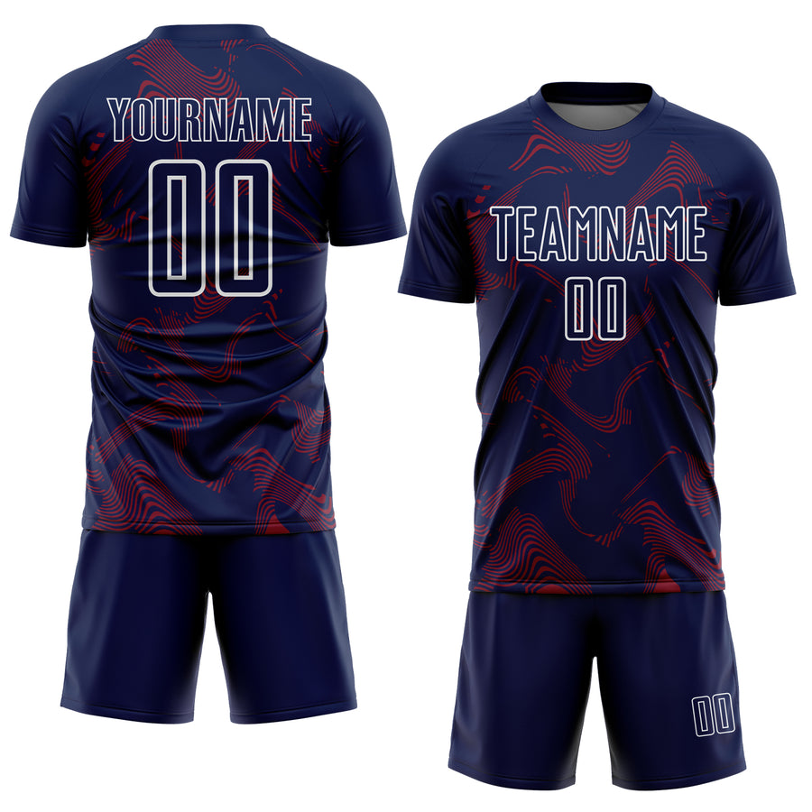 Custom Navy Crimson-White Curve Lines Sports Sublimation Soccer Uniform Jersey