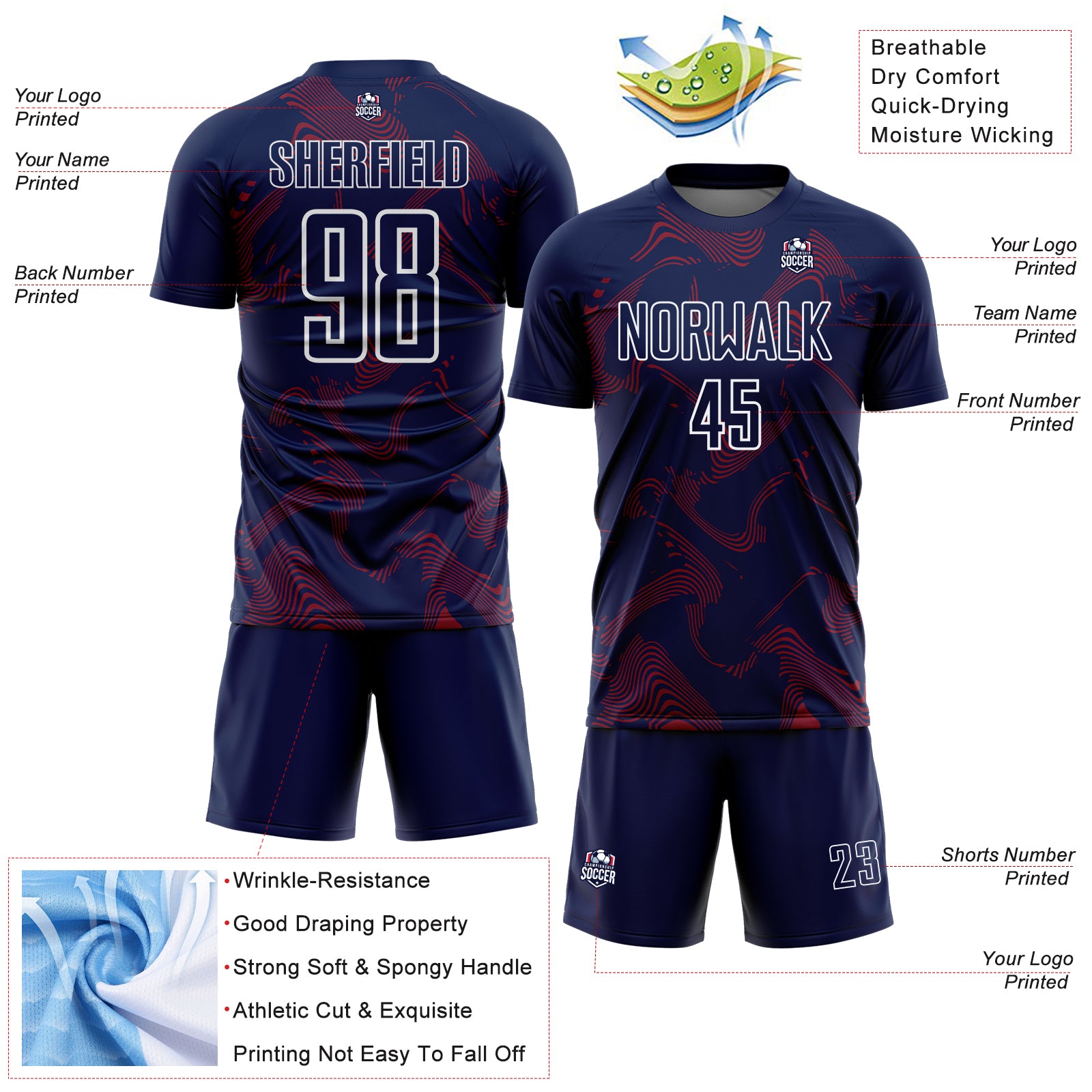 Custom Navy Crimson-White Curve Lines Sports Sublimation Soccer Uniform Jersey