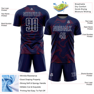 Custom Navy Crimson-White Curve Lines Sports Sublimation Soccer Uniform Jersey