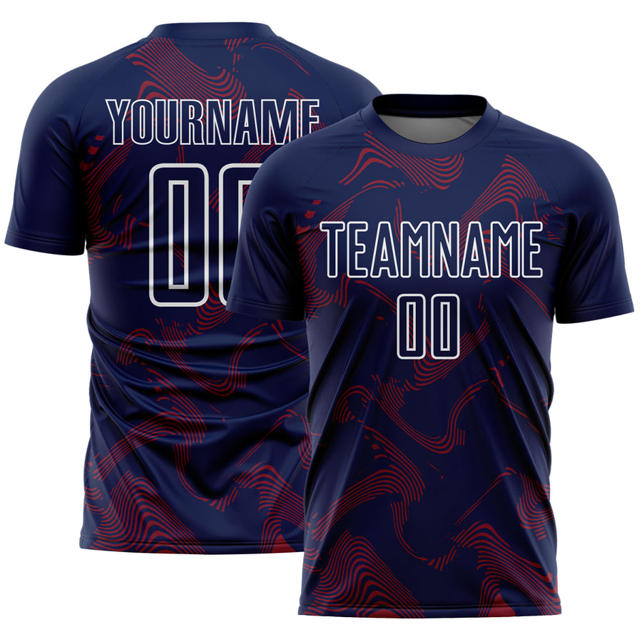 Custom Navy Crimson-White Curve Lines Sports Sublimation Soccer Uniform Jersey