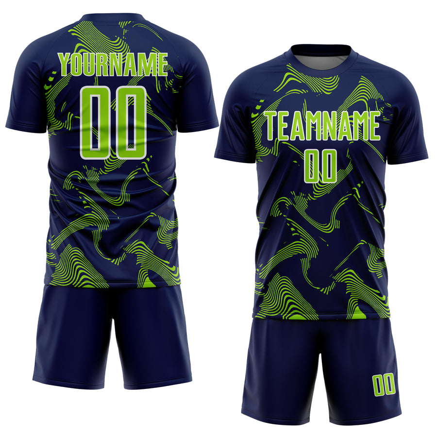 Custom Navy Neon Green-White Curve Lines Sports Sublimation Soccer Uniform Jersey
