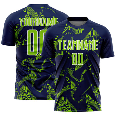 Custom Navy Neon Green-White Curve Lines Sports Sublimation Soccer Uniform Jersey