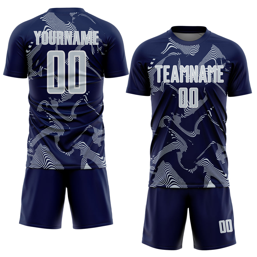Custom Navy Silver-White Curve Lines Sports Sublimation Soccer Uniform Jersey