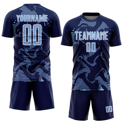 Custom Navy Light Blue-White Curve Lines Sports Sublimation Soccer Uniform Jersey