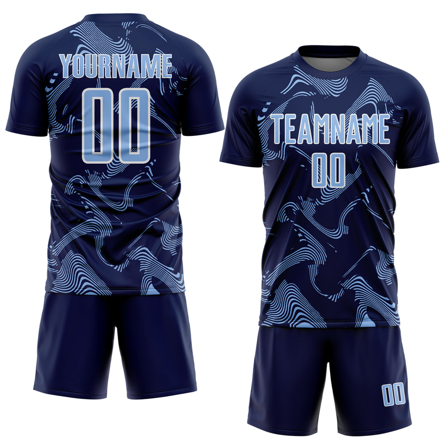 Custom Navy Light Blue-White Curve Lines Sports Sublimation Soccer Uniform Jersey
