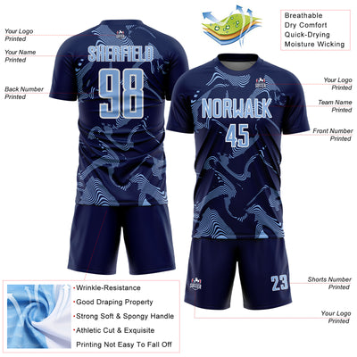 Custom Navy Light Blue-White Curve Lines Sports Sublimation Soccer Uniform Jersey