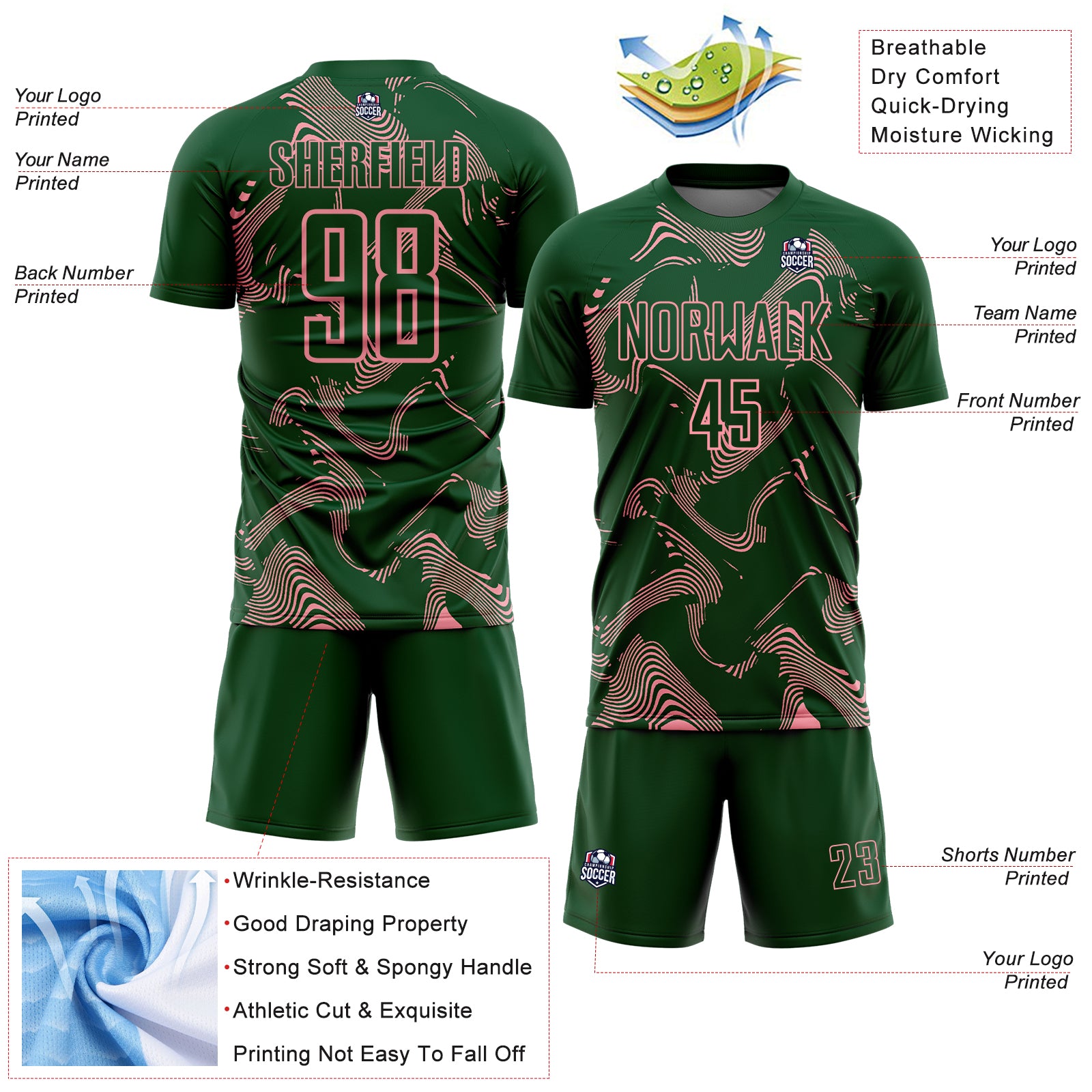 Custom Green Medium Pink Curve Lines Sports Sublimation Soccer Uniform Jersey