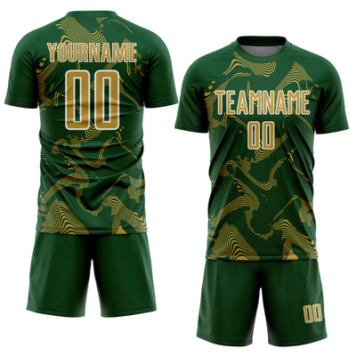 Custom Green Old Gold-White Curve Lines Sports Sublimation Soccer Uniform Jersey