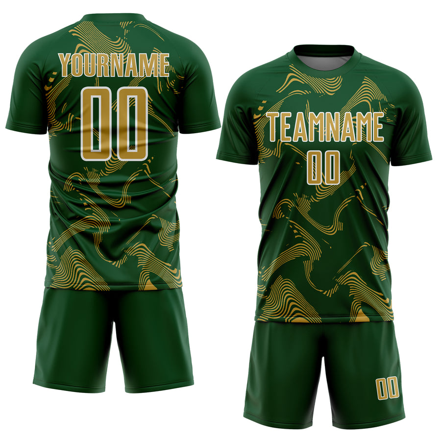 Custom Green Old Gold-White Curve Lines Sports Sublimation Soccer Uniform Jersey