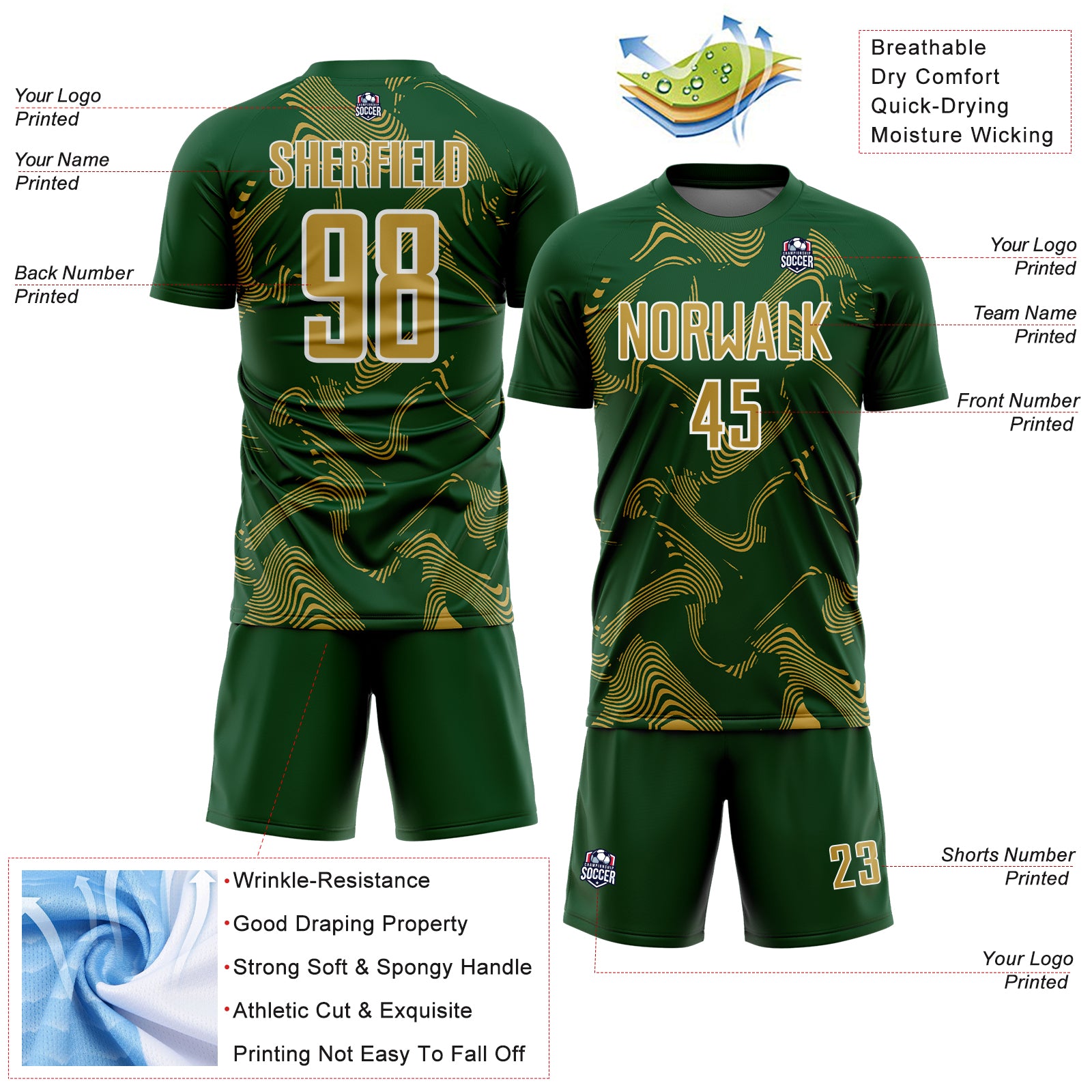 Custom Green Old Gold-White Curve Lines Sports Sublimation Soccer Uniform Jersey