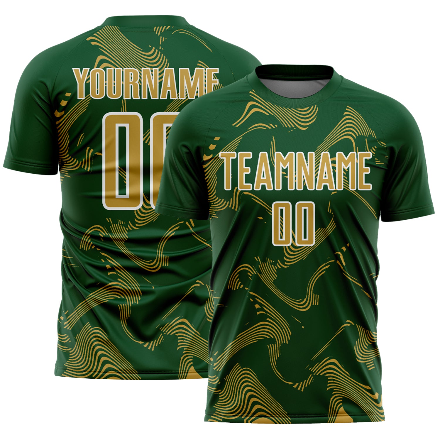 Custom Green Old Gold-White Curve Lines Sports Sublimation Soccer Uniform Jersey