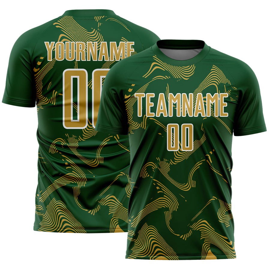 Custom Green Old Gold-White Curve Lines Sports Sublimation Soccer Uniform Jersey
