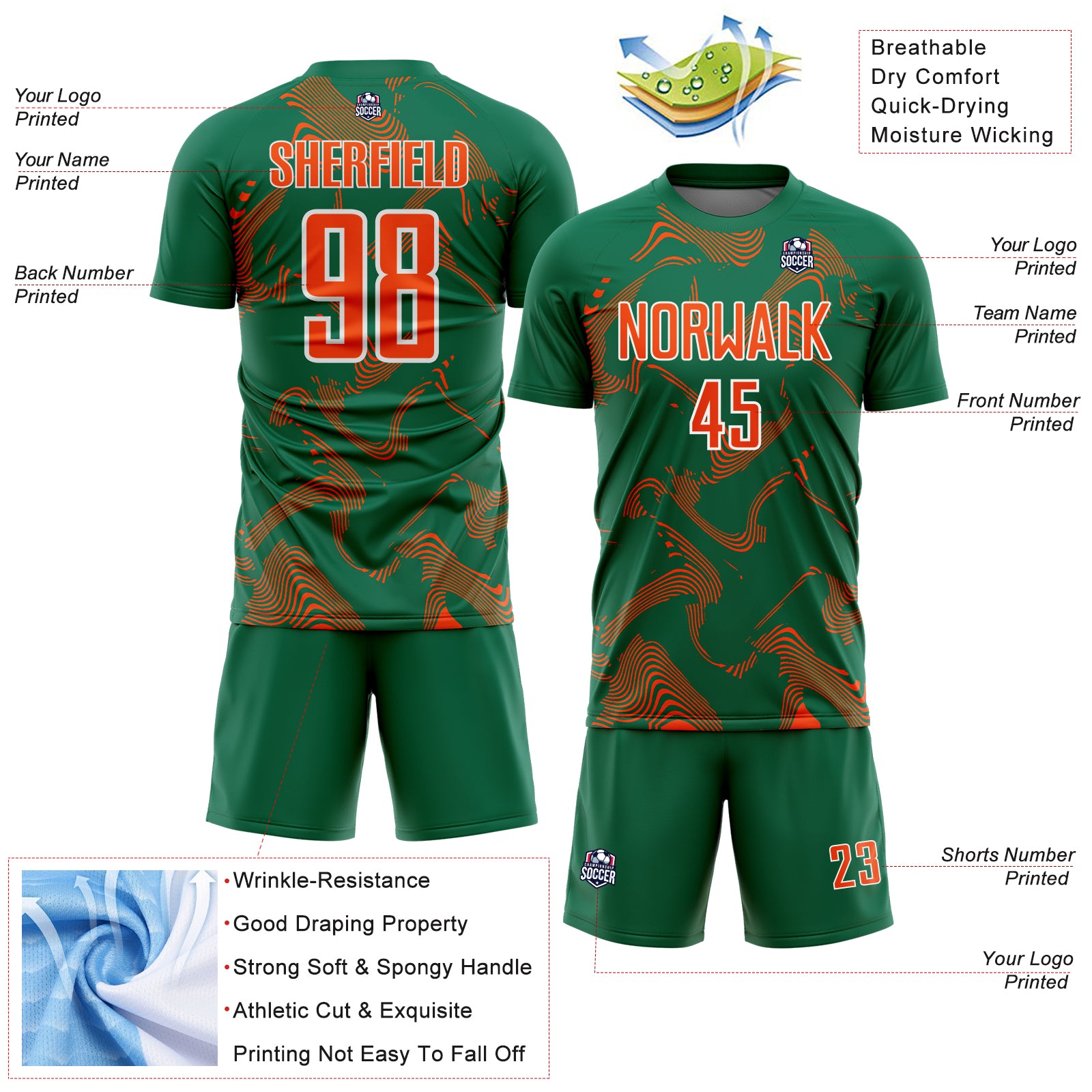 Custom Kelly Green Orange-White Curve Lines Sports Sublimation Soccer Uniform Jersey