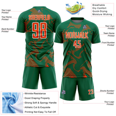 Custom Kelly Green Orange-White Curve Lines Sports Sublimation Soccer Uniform Jersey