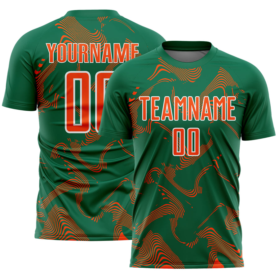 Custom Kelly Green Orange-White Curve Lines Sports Sublimation Soccer Uniform Jersey