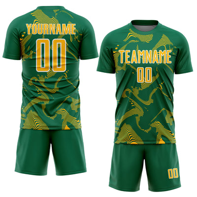 Custom Kelly Green Gold-White Curve Lines Sports Sublimation Soccer Uniform Jersey